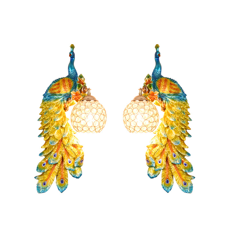 1/2-Pack Peacock Wall Light Country Style Resin 1 Head Wall Sconce with Dome Crystal Shade in White/Blue Finish, Left/Right Clearhalo 'Wall Lamps & Sconces' 'Wall Lights' Lighting' 156275