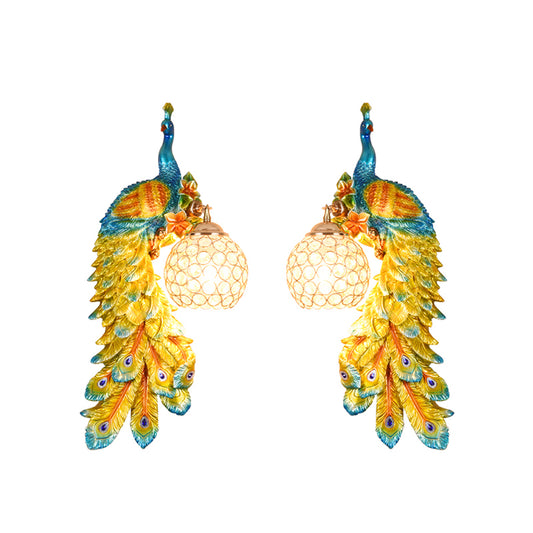 1/2-Pack Peacock Wall Light Country Style Resin 1 Head Wall Sconce with Dome Crystal Shade in White/Blue Finish, Left/Right Clearhalo 'Wall Lamps & Sconces' 'Wall Lights' Lighting' 156275