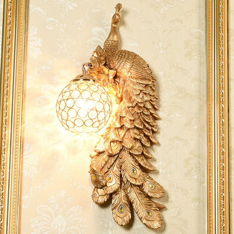 1/2-Pack Peacock Wall Light Country Style Resin 1 Head Wall Sconce with Dome Crystal Shade in White/Blue Finish, Left/Right Gold Right Clearhalo 'Wall Lamps & Sconces' 'Wall Lights' Lighting' 156283