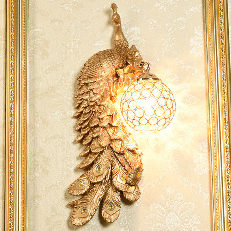 1/2-Pack Peacock Wall Light Country Style Resin 1 Head Wall Sconce with Dome Crystal Shade in White/Blue Finish, Left/Right Gold Left Clearhalo 'Wall Lamps & Sconces' 'Wall Lights' Lighting' 156286