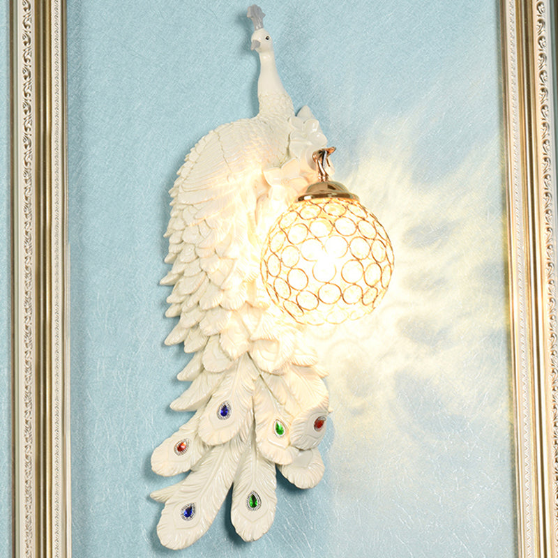 1/2-Pack Peacock Wall Light Country Style Resin 1 Head Wall Sconce with Dome Crystal Shade in White/Blue Finish, Left/Right White Left Clearhalo 'Wall Lamps & Sconces' 'Wall Lights' Lighting' 156292