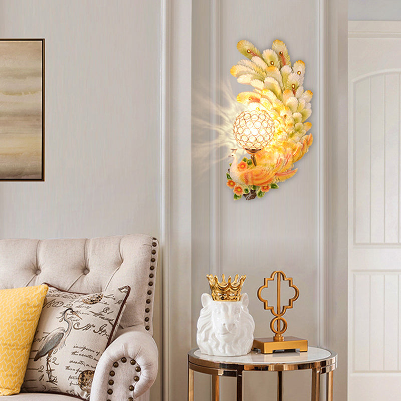 Double/Left/Right Peacock Wall Lighting Country Resin 1 Light Sconce Light with Dome Crystal Shade in Yellow/Green, 1/2 Packs Yellow Right Clearhalo 'Modern wall lights' 'Modern' 'Wall Lamps & Sconces' 'Wall Lights' Lighting' 156301