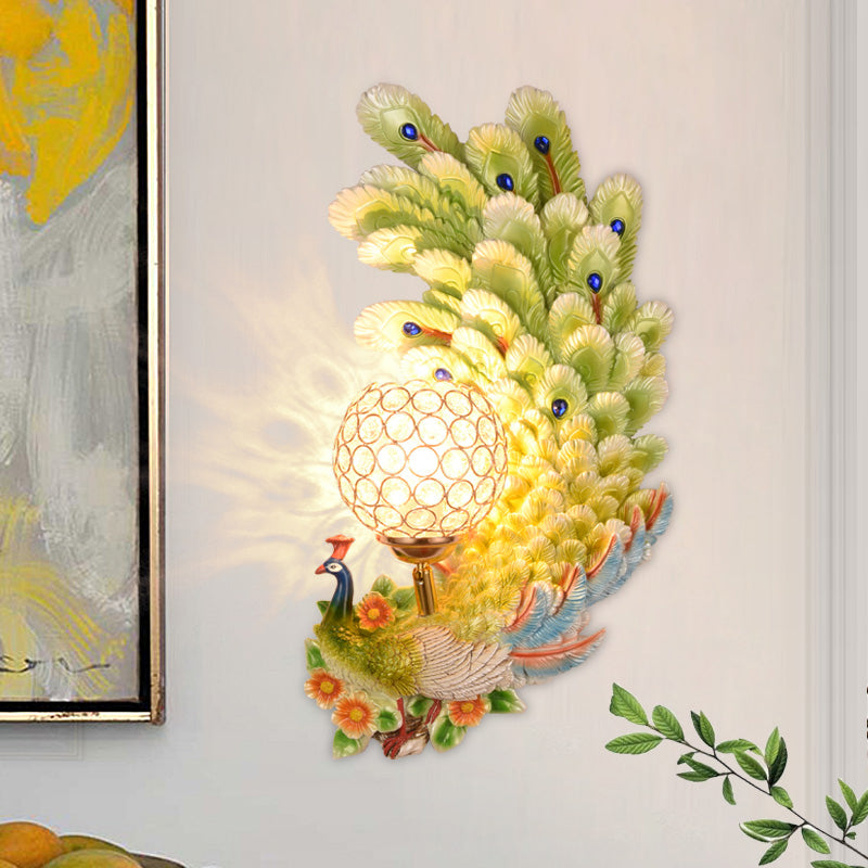 Double/Left/Right Peacock Wall Lighting Country Resin 1 Light Sconce Light with Dome Crystal Shade in Yellow/Green, 1/2 Packs Green Right Clearhalo 'Modern wall lights' 'Modern' 'Wall Lamps & Sconces' 'Wall Lights' Lighting' 156306