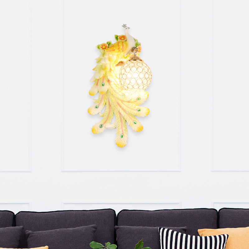 Domed Wall Light Sconce Loft Style Crystal and Resin 1 Head Wall Lamp with Left/Right Peacock Backplate in Gold/Green, 1/2 Packs Yellow Left Clearhalo 'Wall Lamps & Sconces' 'Wall Lights' Lighting' 156318