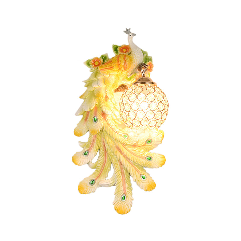 Domed Wall Light Sconce Loft Style Crystal and Resin 1 Head Wall Lamp with Left/Right Peacock Backplate in Gold/Green, 1/2 Packs Clearhalo 'Wall Lamps & Sconces' 'Wall Lights' Lighting' 156320