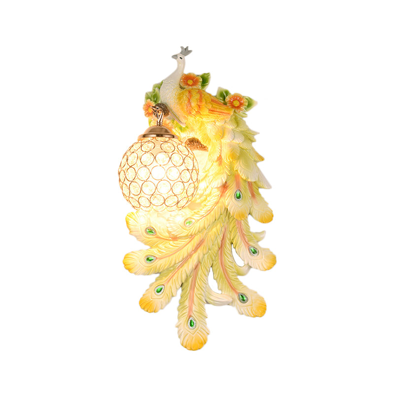 Domed Wall Light Sconce Loft Style Crystal and Resin 1 Head Wall Lamp with Left/Right Peacock Backplate in Gold/Green, 1/2 Packs Clearhalo 'Wall Lamps & Sconces' 'Wall Lights' Lighting' 156322