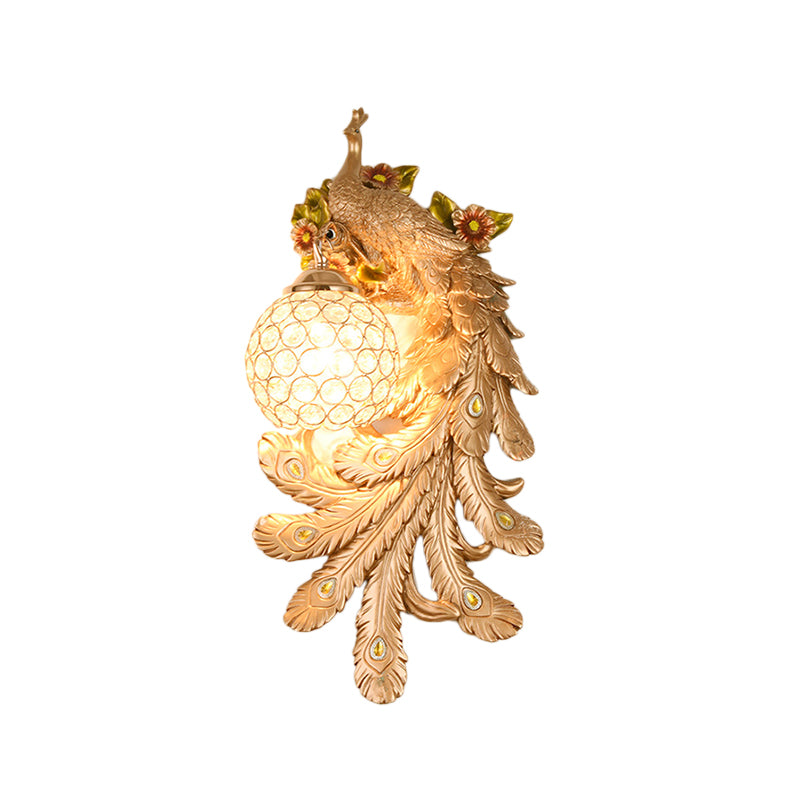 Domed Wall Light Sconce Loft Style Crystal and Resin 1 Head Wall Lamp with Left/Right Peacock Backplate in Gold/Green, 1/2 Packs Clearhalo 'Wall Lamps & Sconces' 'Wall Lights' Lighting' 156333