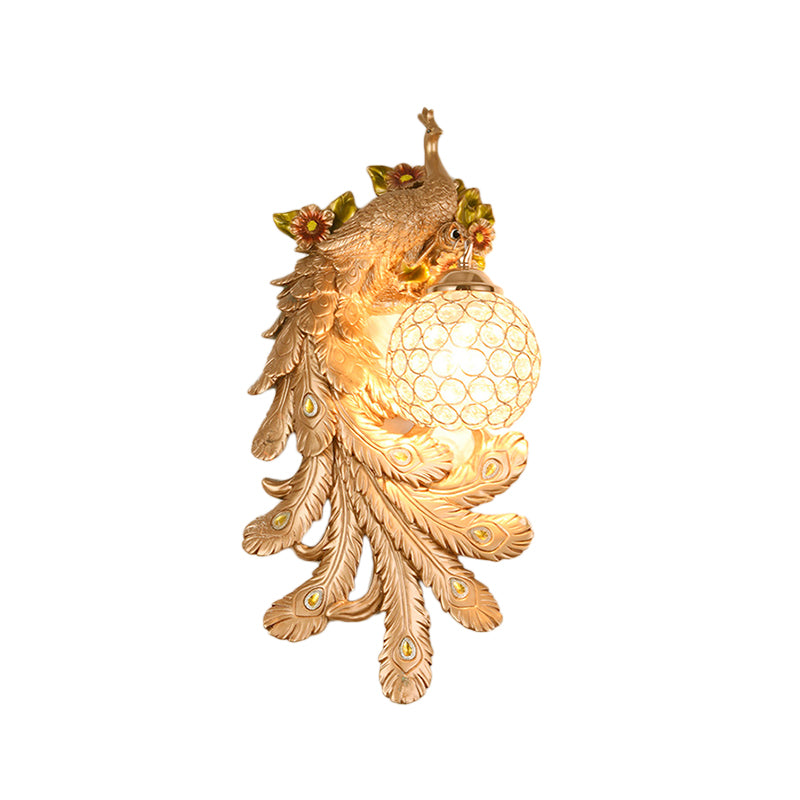 Domed Wall Light Sconce Loft Style Crystal and Resin 1 Head Wall Lamp with Left/Right Peacock Backplate in Gold/Green, 1/2 Packs Clearhalo 'Wall Lamps & Sconces' 'Wall Lights' Lighting' 156336