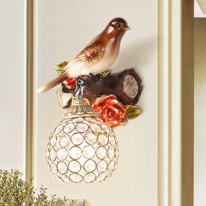 Right/Left Bird Wall Lighting Fixture Lodge Style Resin 1 Light Sconce Light with Crystal Global Shade in Brown Brown Left Clearhalo 'Modern wall lights' 'Modern' 'Wall Lamps & Sconces' 'Wall Lights' Lighting' 156390