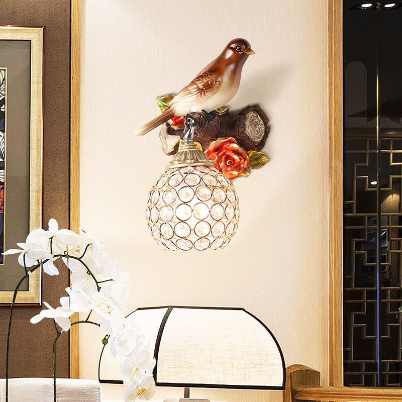 Right/Left Bird Wall Lighting Fixture Lodge Style Resin 1 Light Sconce Light with Crystal Global Shade in Brown Clearhalo 'Modern wall lights' 'Modern' 'Wall Lamps & Sconces' 'Wall Lights' Lighting' 156391