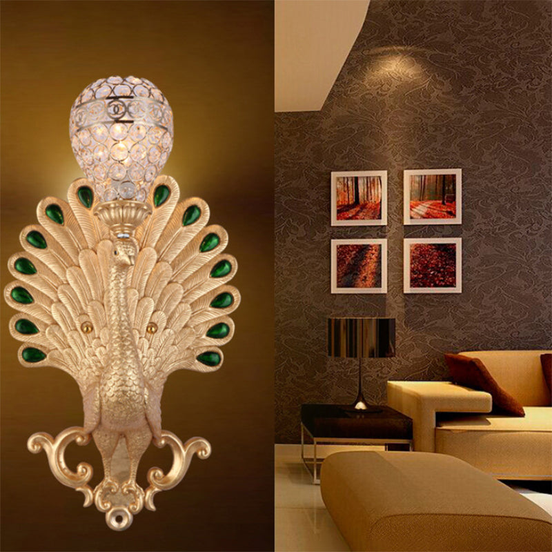 Golden Peacock Wall Light Fixture Modernist Resin 1 Light Wall Sconce with Crystal Bowl Shade for Bedside Clearhalo 'Cast Iron' 'Glass' 'Industrial' 'Modern wall lights' 'Modern' 'Tiffany' 'Traditional wall lights' 'Wall Lamps & Sconces' 'Wall Lights' Lighting' 156426