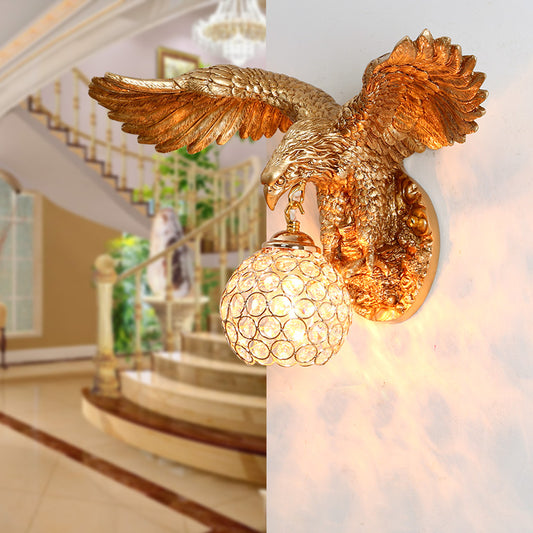 Retro Style Eagle Wall Mount Light Resin 1 Head Wall Light Fixture with Dome Crystal Shade in Gold Finish Clearhalo 'Wall Lamps & Sconces' 'Wall Lights' Lighting' 156452