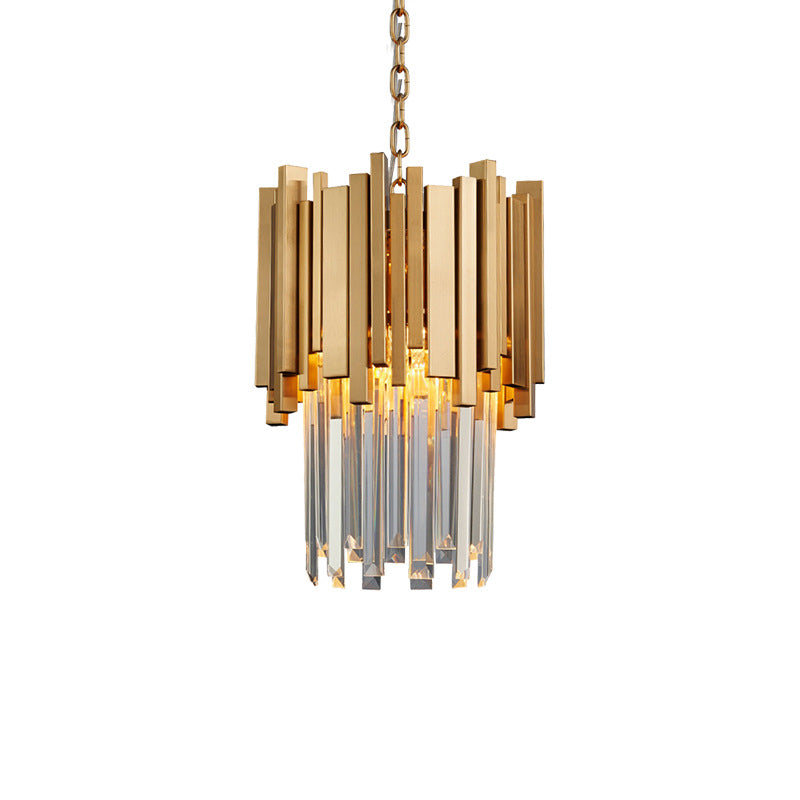 3 Lights Tiered Pendant Light Modernism Metal Hanging Ceiling Light with Clear Crystal Block in Chrome/Gold Clearhalo 'Ceiling Lights' 'Modern Pendants' 'Modern' 'Pendant Lights' 'Pendants' Lighting' 156457