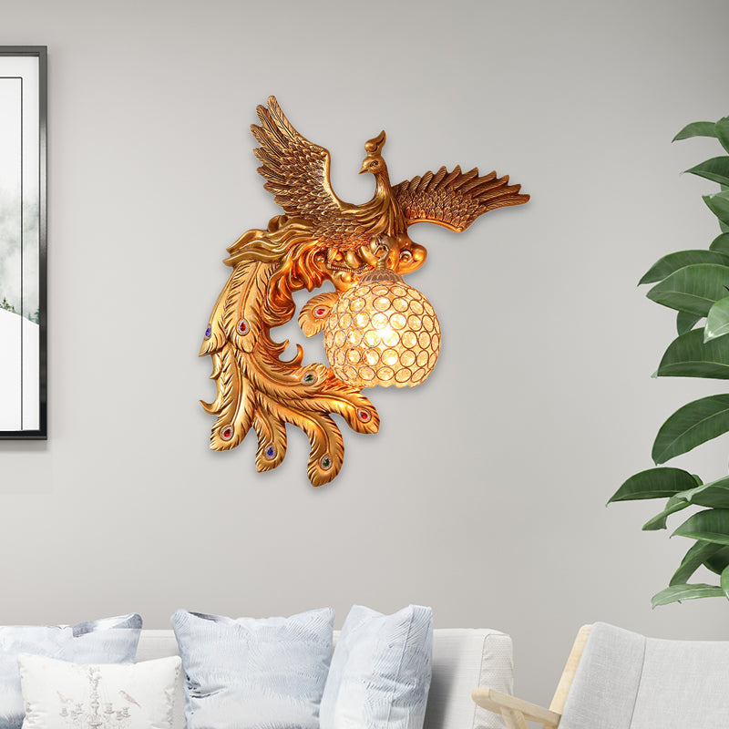 Lodge Style Phoenix Sconce Lighting Resin 1 Light Wall Lamp with Dome Crystal Shade in Gold Clearhalo 'Modern wall lights' 'Modern' 'Wall Lamps & Sconces' 'Wall Lights' Lighting' 156466