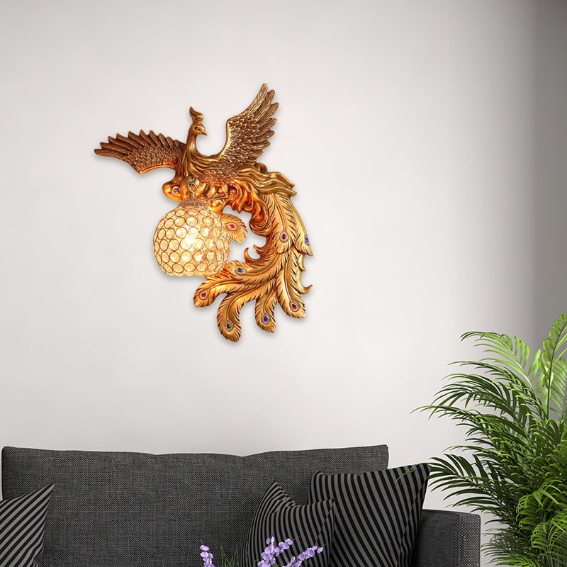 Lodge Style Phoenix Sconce Lighting Resin 1 Light Wall Lamp with Dome Crystal Shade in Gold Gold Right Clearhalo 'Modern wall lights' 'Modern' 'Wall Lamps & Sconces' 'Wall Lights' Lighting' 156469