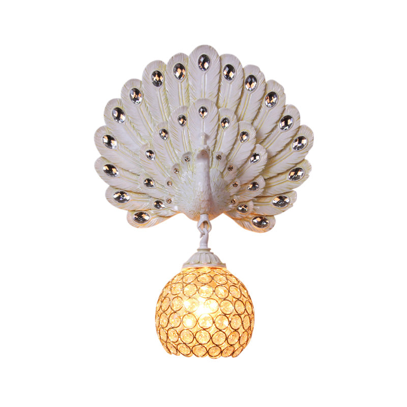 Retro Stylish Global Wall Light Sconce Clear Crystal 1 Light Wall Lamp with Peacock Backplate in Silver/White Clearhalo 'Modern wall lights' 'Modern' 'Wall Lamps & Sconces' 'Wall Lights' Lighting' 156504