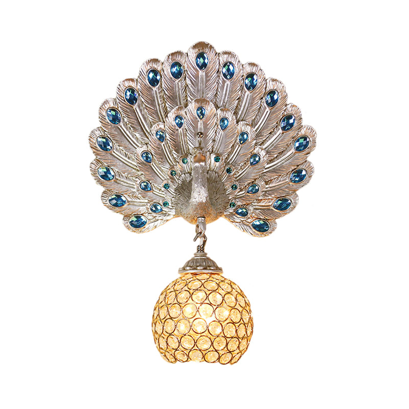 Retro Stylish Global Wall Light Sconce Clear Crystal 1 Light Wall Lamp with Peacock Backplate in Silver/White Clearhalo 'Modern wall lights' 'Modern' 'Wall Lamps & Sconces' 'Wall Lights' Lighting' 156507