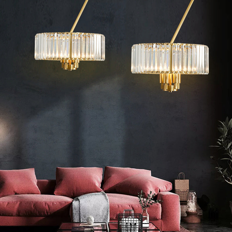 3/4/6 Lights Drum Chandelier Lighting Modern Style Clear Crystal Pendant Lighting in Gold Finish Clearhalo 'Ceiling Lights' 'Chandeliers' 'Modern Chandeliers' 'Modern' Lighting' 156582