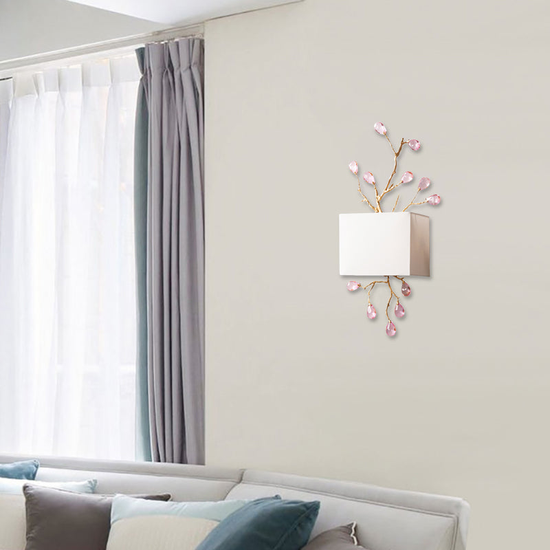 White Fabric Squared Wall Mount Lamp Modernist 2 Lights Wall Sconce with Pink Crystal Accent White Clearhalo 'Modern wall lights' 'Modern' 'Wall Lamps & Sconces' 'Wall Lights' Lighting' 156588