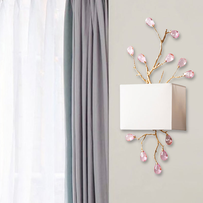 White Fabric Squared Wall Mount Lamp Modernist 2 Lights Wall Sconce with Pink Crystal Accent Clearhalo 'Modern wall lights' 'Modern' 'Wall Lamps & Sconces' 'Wall Lights' Lighting' 156589