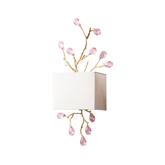 White Fabric Squared Wall Mount Lamp Modernist 2 Lights Wall Sconce with Pink Crystal Accent Clearhalo 'Modern wall lights' 'Modern' 'Wall Lamps & Sconces' 'Wall Lights' Lighting' 156590