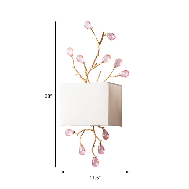 White Fabric Squared Wall Mount Lamp Modernist 2 Lights Wall Sconce with Pink Crystal Accent Clearhalo 'Modern wall lights' 'Modern' 'Wall Lamps & Sconces' 'Wall Lights' Lighting' 156591