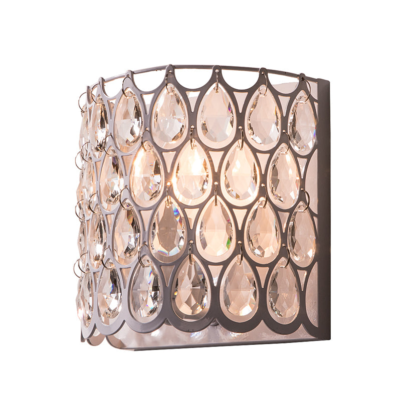 Clear Crystal Teardrop Wall Mounted Light with Cylinder Shade Contemporary 1 Light Wall Sconce in White Clearhalo 'Cast Iron' 'Glass' 'Industrial' 'Modern wall lights' 'Modern' 'Tiffany' 'Traditional wall lights' 'Wall Lamps & Sconces' 'Wall Lights' Lighting' 156612