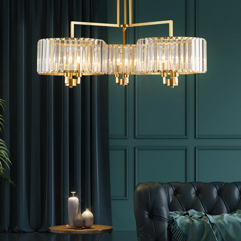 Drum Living Room Chandelier Lighting Clear Crystal 3/6/9 Heads Contemporary Suspension Light in Gold Clearhalo 'Ceiling Lights' 'Chandeliers' 'Modern Chandeliers' 'Modern' Lighting' 156685