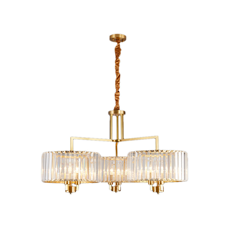 Drum Living Room Chandelier Lighting Clear Crystal 3/6/9 Heads Contemporary Suspension Light in Gold Clearhalo 'Ceiling Lights' 'Chandeliers' 'Modern Chandeliers' 'Modern' Lighting' 156686