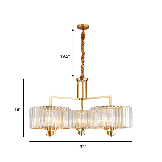 Drum Living Room Chandelier Lighting Clear Crystal 3/6/9 Heads Contemporary Suspension Light in Gold Clearhalo 'Ceiling Lights' 'Chandeliers' 'Modern Chandeliers' 'Modern' Lighting' 156687