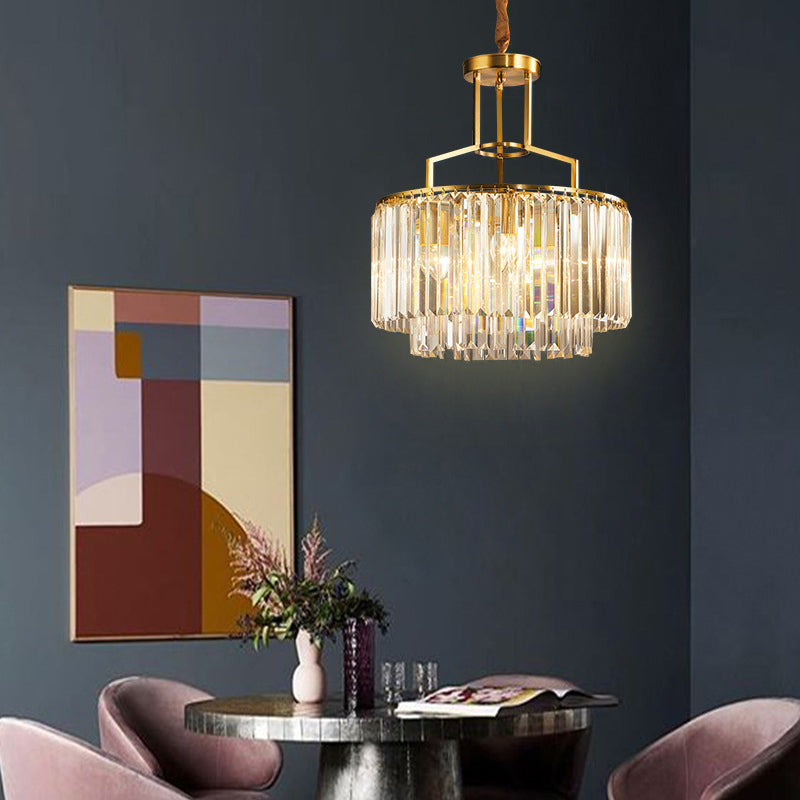 Clear Crystal Prism Pendant Lighting 2 Tiers Modern Style 3/5/8 Lights Hanging Chandelier Lamp in Gold 8 Gold Clearhalo 'Ceiling Lights' 'Chandeliers' 'Modern Chandeliers' 'Modern' Lighting' 156716