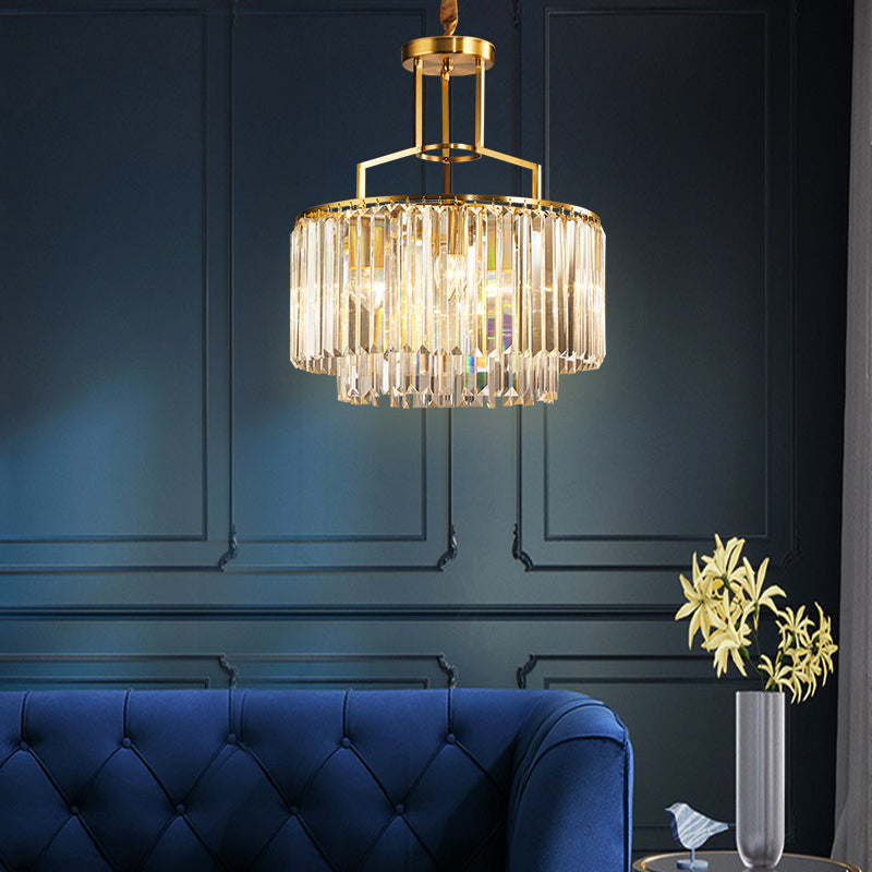 Clear Crystal Prism Pendant Lighting 2 Tiers Modern Style 3/5/8 Lights Hanging Chandelier Lamp in Gold Clearhalo 'Ceiling Lights' 'Chandeliers' 'Modern Chandeliers' 'Modern' Lighting' 156717