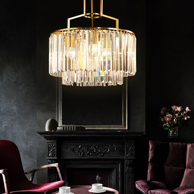 Clear Crystal Prism Pendant Lighting 2 Tiers Modern Style 3/5/8 Lights Hanging Chandelier Lamp in Gold 5 Gold Clearhalo 'Ceiling Lights' 'Chandeliers' 'Modern Chandeliers' 'Modern' Lighting' 156718