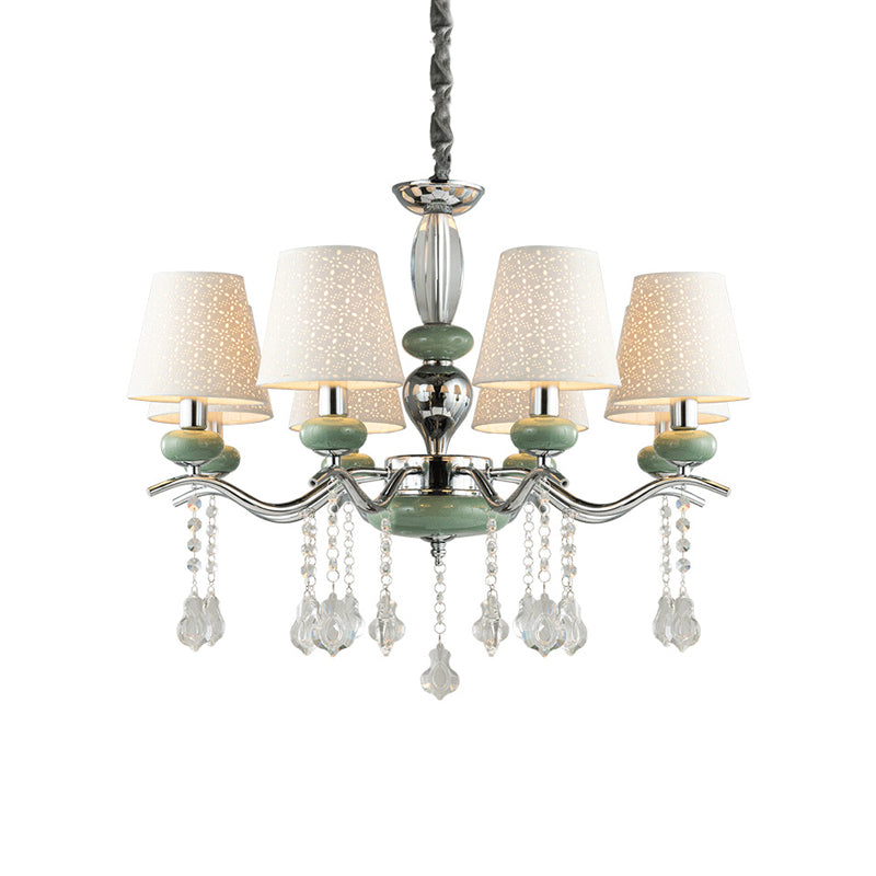 Nordic Cone Pendant Lamp Fabric 8 Lights Chandelier Light Fixture with Clear Crystal Drop in Green for Bedroom Clearhalo 'Ceiling Lights' 'Chandeliers' 'Modern Chandeliers' 'Modern' Lighting' 156728