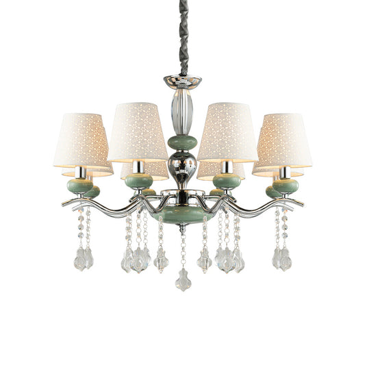 Nordic Cone Pendant Lamp Fabric 8 Lights Chandelier Light Fixture with Clear Crystal Drop in Green for Bedroom Clearhalo 'Ceiling Lights' 'Chandeliers' 'Modern Chandeliers' 'Modern' Lighting' 156728