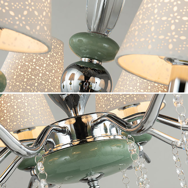 Nordic Cone Pendant Lamp Fabric 8 Lights Chandelier Light Fixture with Clear Crystal Drop in Green for Bedroom Clearhalo 'Ceiling Lights' 'Chandeliers' 'Modern Chandeliers' 'Modern' Lighting' 156730