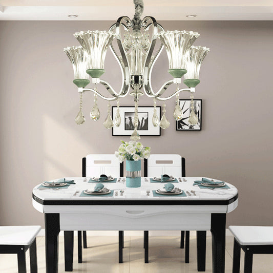 5 Bulbs Bell Shade Chandelier Lighting Modern Stylish Glass and Crystal Pendant Lighting in Green Finish Clearhalo 'Ceiling Lights' 'Chandeliers' 'Modern Chandeliers' 'Modern' Lighting' 156740