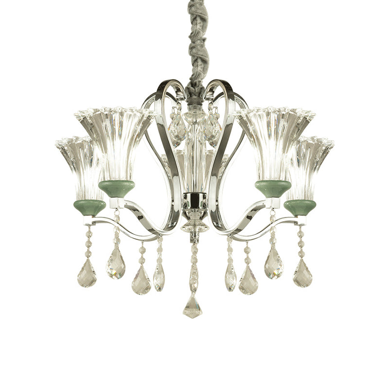 5 Bulbs Bell Shade Chandelier Lighting Modern Stylish Glass and Crystal Pendant Lighting in Green Finish Clearhalo 'Ceiling Lights' 'Chandeliers' 'Modern Chandeliers' 'Modern' Lighting' 156741