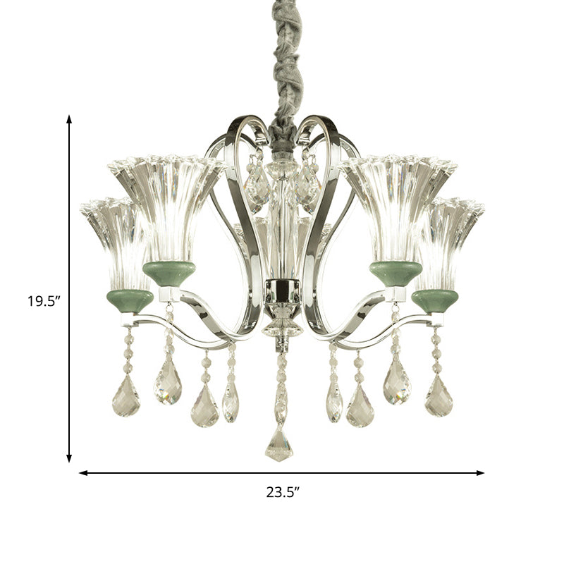 5 Bulbs Bell Shade Chandelier Lighting Modern Stylish Glass and Crystal Pendant Lighting in Green Finish Clearhalo 'Ceiling Lights' 'Chandeliers' 'Modern Chandeliers' 'Modern' Lighting' 156742