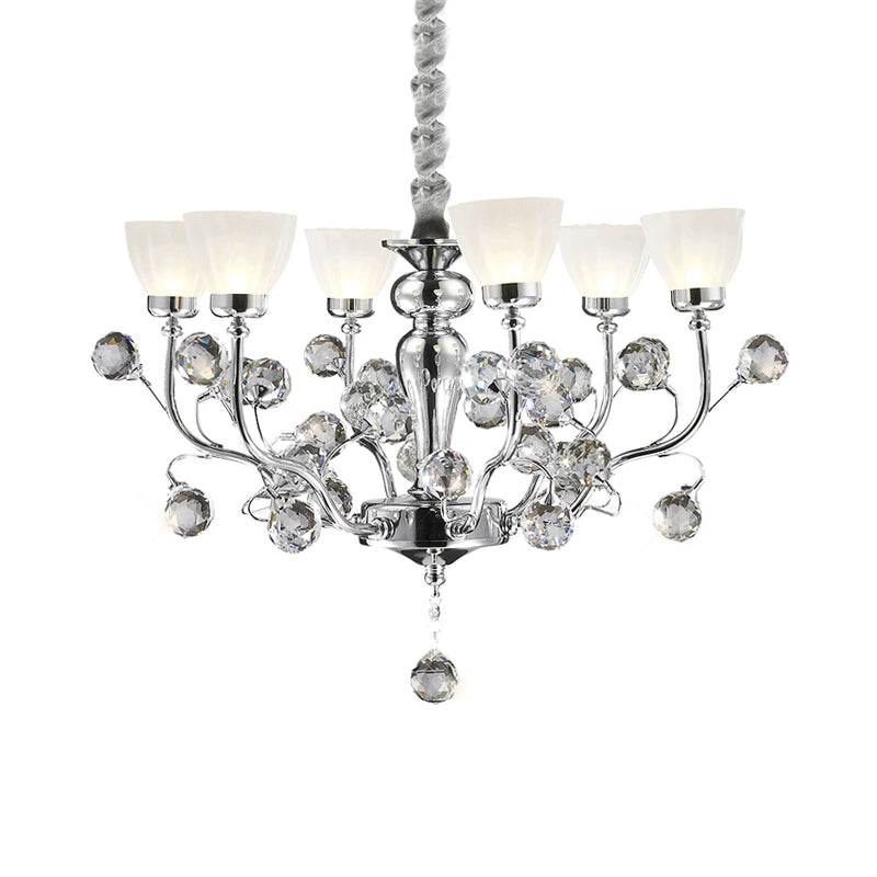 Frosted Glass Conic Chandelier Lighting with Crystal Ball Modernist 6 Lights Hanging Pendant Light in Polished Chrome Clearhalo 'Ceiling Lights' 'Chandeliers' 'Modern Chandeliers' 'Modern' Lighting' 156758