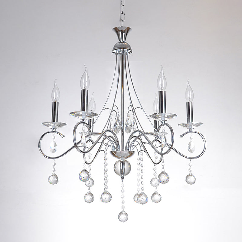 6 Bulbs Flameless Candle Chandelier Lighting with Clear Crystal Accent Vintage Stylish Pendant Lamp in Chrome Clearhalo 'Ceiling Lights' 'Chandeliers' Lighting' options 156768