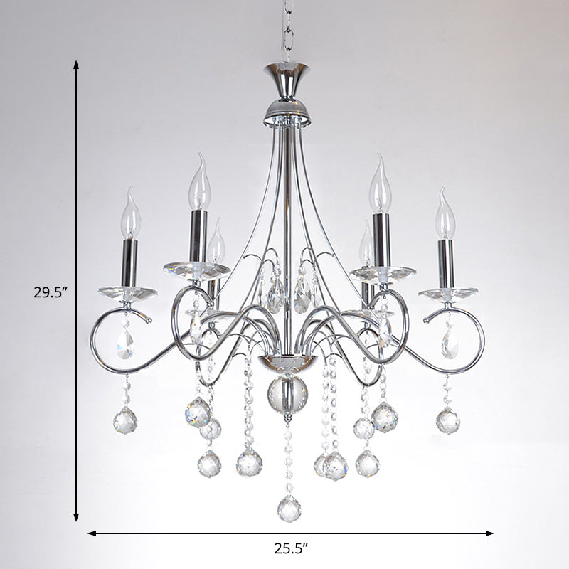 6 Bulbs Flameless Candle Chandelier Lighting with Clear Crystal Accent Vintage Stylish Pendant Lamp in Chrome Clearhalo 'Ceiling Lights' 'Chandeliers' Lighting' options 156769