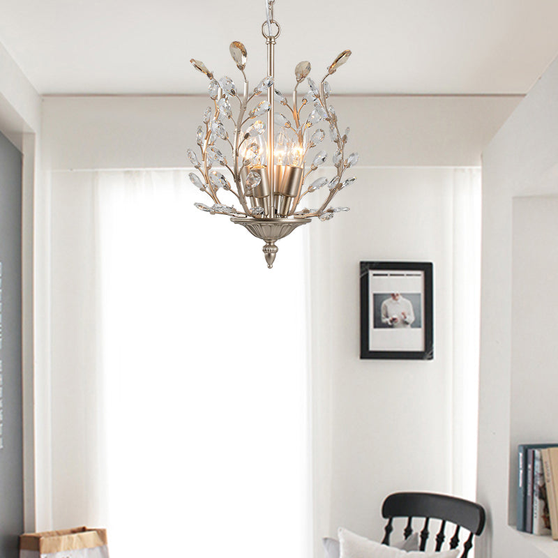 Clear Teardrop Crystal Chandelier Lamp with Leaf Design Vintage 4 Lights Ceiling Hanging Light in Champagne Clearhalo 'Ceiling Lights' 'Chandeliers' 'Modern Chandeliers' 'Modern' Lighting' 156778