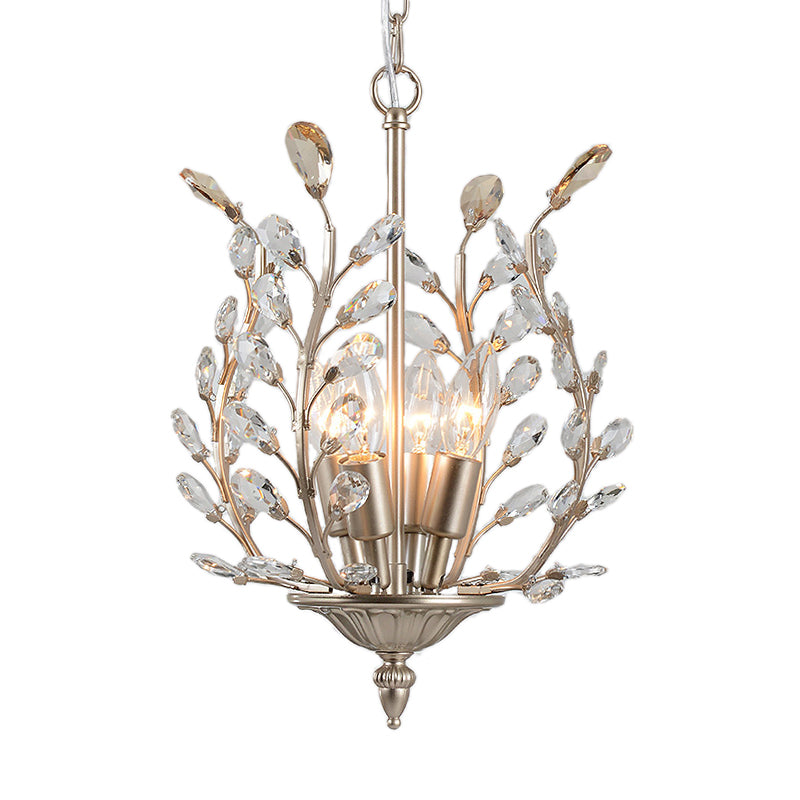 Clear Teardrop Crystal Chandelier Lamp with Leaf Design Vintage 4 Lights Ceiling Hanging Light in Champagne Clearhalo 'Ceiling Lights' 'Chandeliers' 'Modern Chandeliers' 'Modern' Lighting' 156779