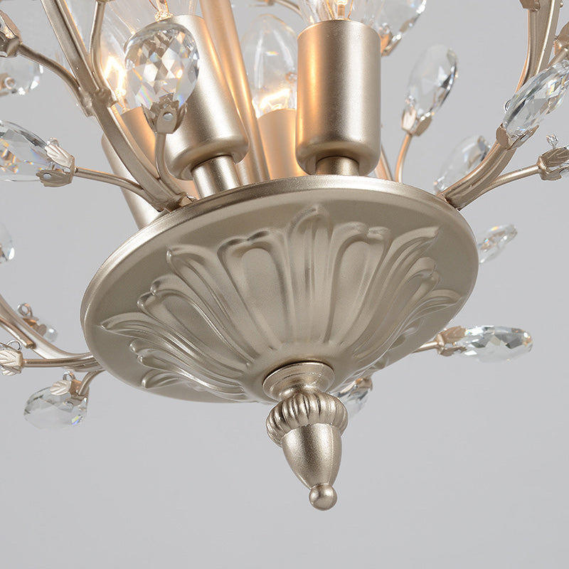 Clear Teardrop Crystal Chandelier Lamp with Leaf Design Vintage 4 Lights Ceiling Hanging Light in Champagne Clearhalo 'Ceiling Lights' 'Chandeliers' 'Modern Chandeliers' 'Modern' Lighting' 156781