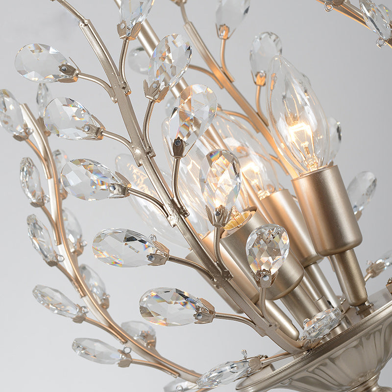 Clear Teardrop Crystal Chandelier Lamp with Leaf Design Vintage 4 Lights Ceiling Hanging Light in Champagne Clearhalo 'Ceiling Lights' 'Chandeliers' 'Modern Chandeliers' 'Modern' Lighting' 156782