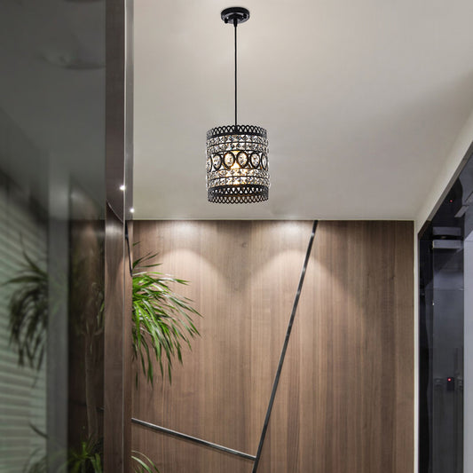 Black Finish Cylinder Suspension Light Industrial Style Pendant Lamp with Clear Crystal Accent for Porch Black Clearhalo 'Ceiling Lights' 'Modern Pendants' 'Modern' 'Pendant Lights' 'Pendants' Lighting' 156783