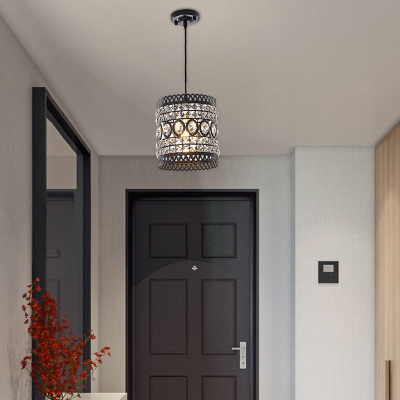 Black Finish Cylinder Suspension Light Industrial Style Pendant Lamp with Clear Crystal Accent for Porch Clearhalo 'Ceiling Lights' 'Modern Pendants' 'Modern' 'Pendant Lights' 'Pendants' Lighting' 156784