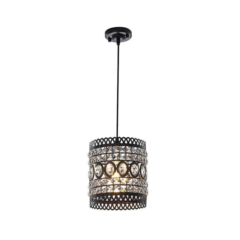 Black Finish Cylinder Suspension Light Industrial Style Pendant Lamp with Clear Crystal Accent for Porch Clearhalo 'Ceiling Lights' 'Modern Pendants' 'Modern' 'Pendant Lights' 'Pendants' Lighting' 156785