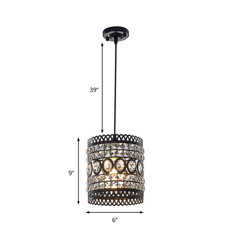 Black Finish Cylinder Suspension Light Industrial Style Pendant Lamp with Clear Crystal Accent for Porch Clearhalo 'Ceiling Lights' 'Modern Pendants' 'Modern' 'Pendant Lights' 'Pendants' Lighting' 156786